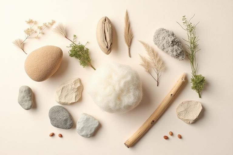 A collection of raw, natural materials like desert stones, undyed wool, and reclaimed wood, arranged artfully to represent ethical sourcing.
